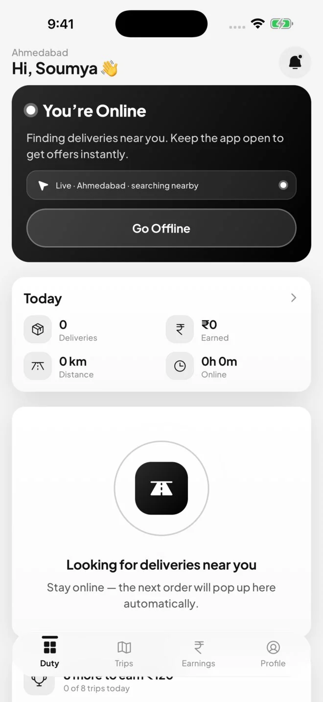 Vidco rider app — online and searching for deliveries