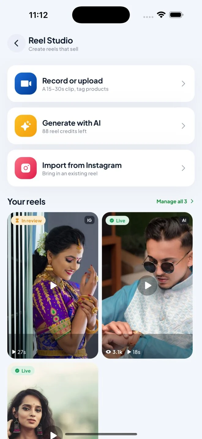 Vidco merchant app — Reel Studio with AI generation